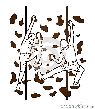 Man and woman climbing on the wall together, Hiking indoor Vector Illustration