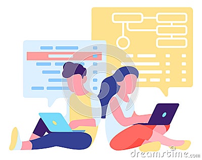 Man and woman coding together. Pair programming concept Vector Illustration