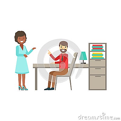 Man And Woman Colleagues Chatting , Coworking In Informal Atmosphere In Modern Design Office Infographic Illustration Vector Illustration