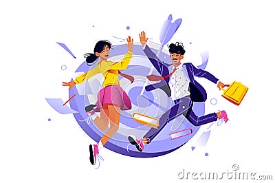 Man and woman colleagues jumping and giving high five Vector Illustration
