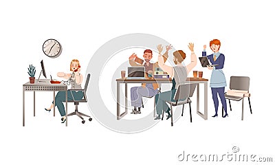 Man and Woman Colleagues in Office Speaking by Phone, Taking Selfie on Break and Celebrating Success Engaged in Daily Vector Illustration