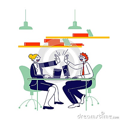 Man and Woman Colleagues Sitting at Desk Giving Highfive to Each Other after Goal Achievement or Business Deal Vector Illustration