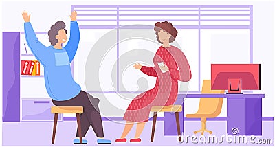 Man and woman colleagues, workers in the office. People indoors talking, communicating in room Vector Illustration