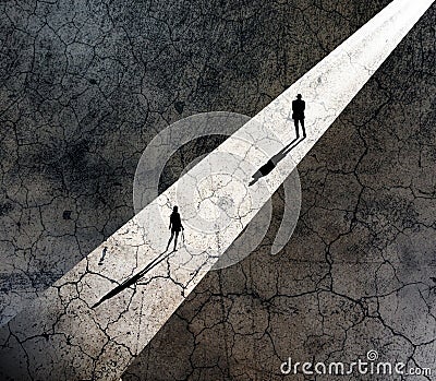 A man and a woman come face to face in a shaft of light on a grunge background in Cartoon Illustration