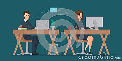 Man and woman at computer monitor. Office correspondence Vector Illustration