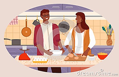 Couple Preparing Food in Kitchen , Man and Woman Vector Illustration