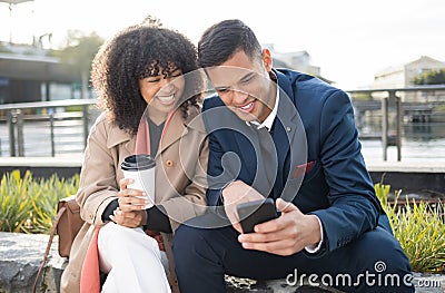 Man, woman or corporate friends with phone for funny meme, comic moment or social network on break. Business people Stock Photo