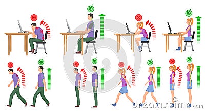 Man and woman in correct and wrong positions for spine. Vector illustration. Vector Illustration