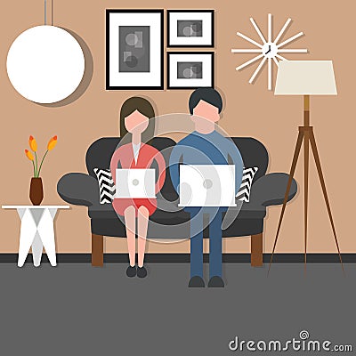 Man woman couple bussy working on laptop sitting couch chair living room Vector Illustration