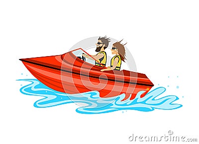 Man and woman, couple driving speed boat Vector Illustration
