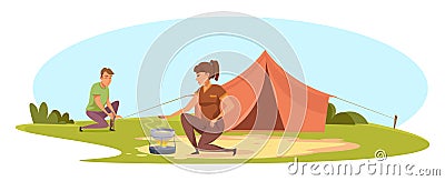 Man and woman couple having camping trip on nature Vector Illustration