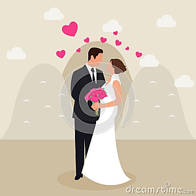 Man woman couple married see eyes wedding dress love heart flower bucket in hand flat vector drawing illustration Vector Illustration