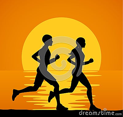 Man and Woman, couple running jogging training exercising together Vector Illustration