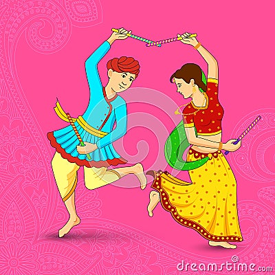 Man and woman dancing on Dandiya night Vector Illustration