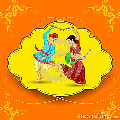 Man and woman dancing on Dandiya night Vector Illustration