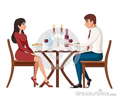 Man and woman on date in restaurant. Meeting love couple. Table with red wine bottle, candelabra and italian pasta. Cartoon Cartoon Illustration