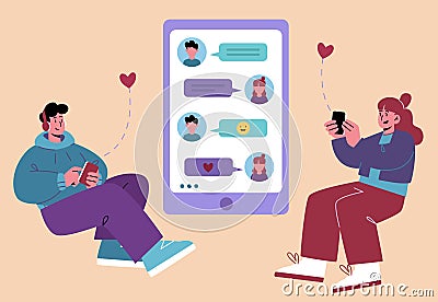 Man and woman dating online, virtual love chat Vector Illustration