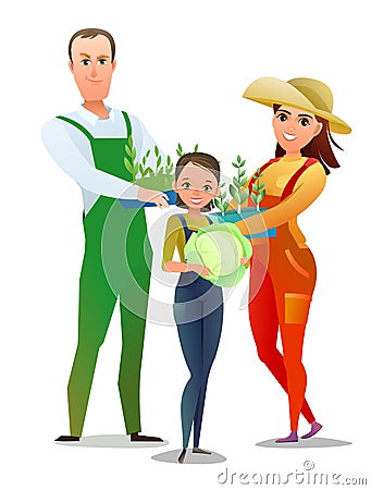Man and woman and daughter villager farmer in overalls. Agricultural worker. Cheerful person. Standing pose. Cartoon Vector Illustration