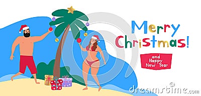 Man and woman decorate palm tree on the tropical beach merry christmas Vector Illustration