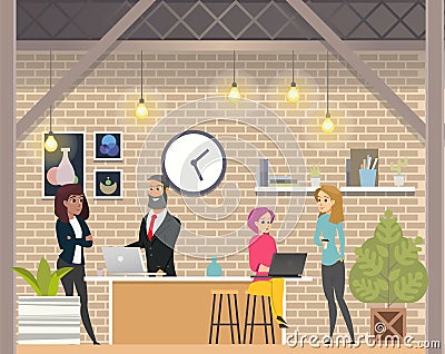 Man Woman Discuss Business in Openspace Coworking Vector Illustration