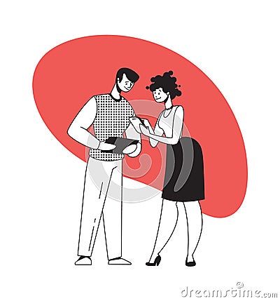 Man and woman discuss work with gadgets. People talking and holding smart devices. Teamwork and communication with Vector Illustration