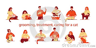 A man and a woman do various manipulations for grooming, treatment, and caring for a cat. Set of vector illustrations in flat Cartoon Illustration