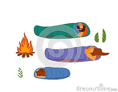 Man woman and dog hikers relaxing in sleeping bags Vector Illustration