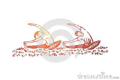 Man and woman doing fitness together, flexibility exercise, healthy lifestyle, husband and wife in sportswear Vector Illustration