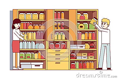Man and woman doing housework in pantry or cellar Vector Illustration