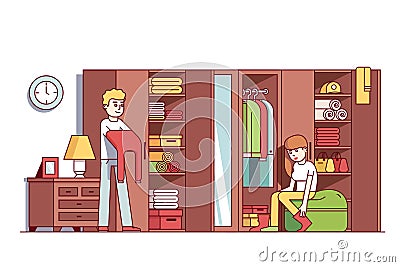 Man and woman dressing up in home wardrobe room Vector Illustration