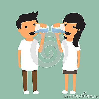 Man and woman drink enough water in health concept. Vector Illustration