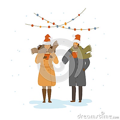 Man and woman drinking hot mulled wine outdoors, winter christmas time isolated vector illustration Vector Illustration