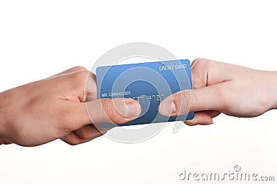 Man and woman duel for credit card Stock Photo