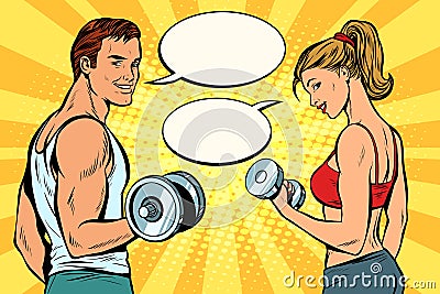 Man and woman with dumbbells, comic strip dialogue bubble Vector Illustration