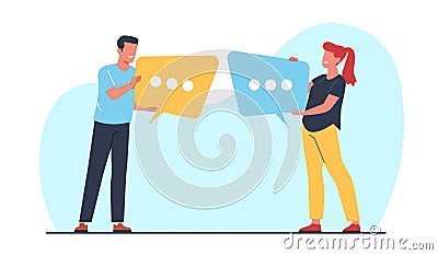 Man and woman engage in dialog, exchanging information. Speech bubble in hands. Message symbol or comment in social Vector Illustration