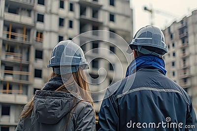 A man and a woman engineers wearing hard hats, standing confidently against a backdrop of a construction site Stock Photo