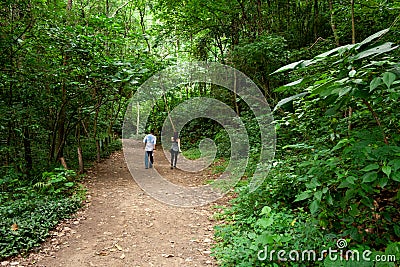 Man and woman exercising doing mountain trekking on one of the paths of Sabas Nieves, a place well known by visitors to the Avila Editorial Stock Photo
