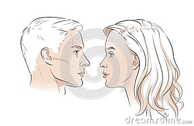 Man and woman faces. Heads face. Portrait of young beautiful girl, boy. Vector line sketch illustration. Vector Illustration