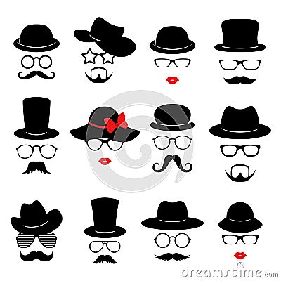 Man and woman faces. Photo props collections. Retro party set with glasses, mustache, beard, hats and lips. Vector Vector Illustration