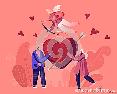 Man and Woman Fall in Love Concept. Young Male and Female Characters Share Huge Red Heart Pierced with Arrow Vector Illustration