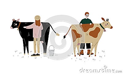 Man and Woman Farmer Standing Near Milk Cow Grazing on Pasture with Bell Hanging on Its Neck Vector Set Vector Illustration