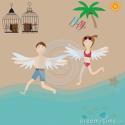 Man and woman feeling free at the beach Vector Illustration