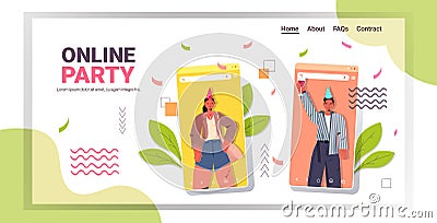 Man woman in festive hats celebrating online birthday party couple in smartphone screen having fun Vector Illustration