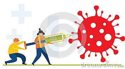 Man and woman fighting with coronavirus using vaccine injection bow prick. Virologists in uniform protecting Vector Illustration