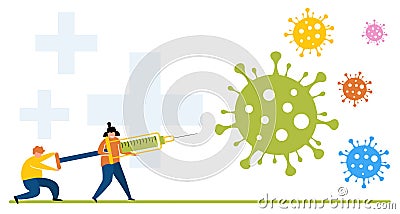 Man and woman fighting with coronavirus using vaccine injection bow prick. Virologists in uniform protecting people from covid-19 Vector Illustration