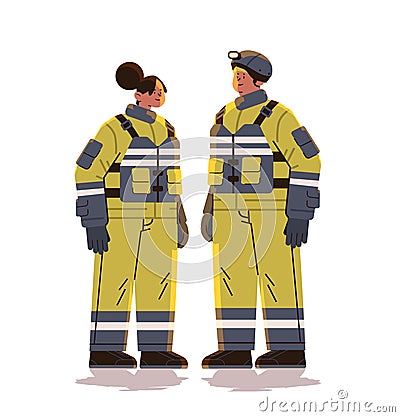 man woman firefighters in uniform emergency service happy labor day celebration concept vertical full length Cartoon Illustration