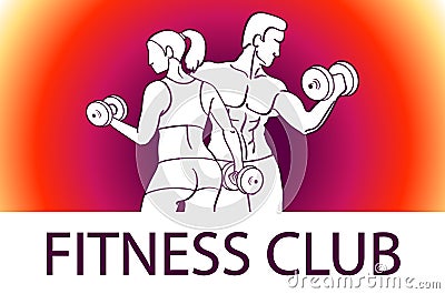 Man and woman Fitness template. Gym club logotype. Sport Fitness club creative concept. Bodybuilder and woman Fitness Model Illust Vector Illustration