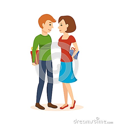 Man and woman give each other gifts. Festive Christmas mood. Vector Illustration