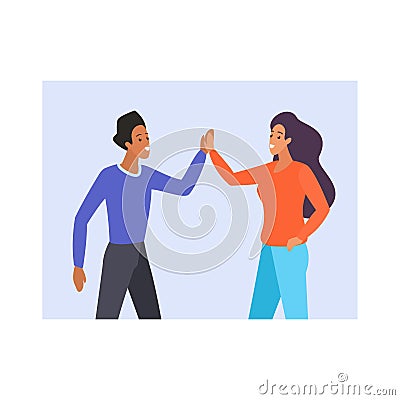 Man and woman giving high five, nonverbal communication gesture between friends and partners Vector Illustration