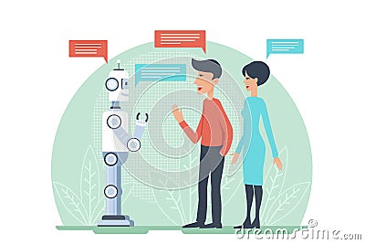 Man and woman greeting and speaking with artificial intelligence android robot vector illustratrion. AI cooperation. Vector Illustration